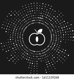 White Apple icon isolated on grey background. Fruit with leaf symbol. Abstract circle random dots. Vector Illustration