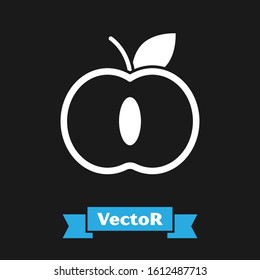 White Apple icon isolated on black background. Fruit with leaf symbol.  Vector Illustration