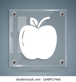 White Apple icon isolated on grey background. Fruit with leaf symbol. Square glass panels. Vector Illustration
