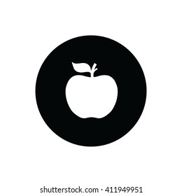 White apple icon vector illustration. Black circle. Black button