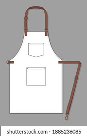 White Apron With Adjustable Leather Strap, Two Pocket Design On Gray Background, Vector File.