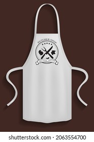 White apron with butcher shop logo. Clothes for work in kitchen, protective element of clothing for cooking. Chef apron with long straps. Clothing for cooking in kitchen and cutting organic meat