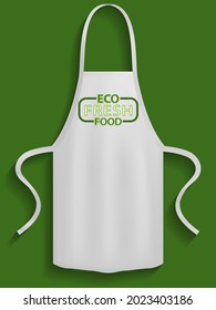 White apron with organic food logo. Clothes for work in kitchen, protective element of clothing. Apron for cooking in kitchen and protection of clothes. Cooking organic food with natural ingredients