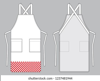 White Apron With Two Pocket, Red Checkered Pattern On Gray Background.Front And Back View, Vector File.