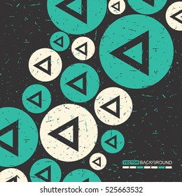 White and aqua blue arrows on black grunge background, retro pattern with decorative shapes, vector illustration.