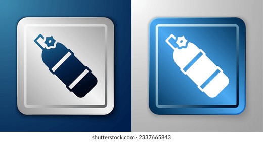 White Aqualung icon isolated on blue and grey background. Oxygen tank for diver. Diving equipment. Extreme sport. Diving underwater equipment. Silver and blue square button. Vector