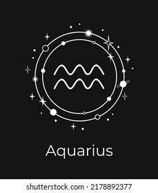 White Aquarius sign with planets and stars on a black background