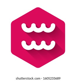 White Aquarius zodiac sign icon isolated with long shadow. Astrological horoscope collection. Pink hexagon button. Vector Illustration
