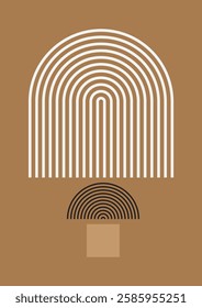 White arch and black semicircle with concentric lines on a brown background. Ideal for modern, minimalist decor