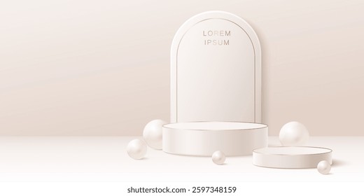 White arch frame with cylindrical podium steps on pastel beige background. Minimal elegant 3d background with geometric shapes, soft shadows. Trendy mock up for branding, product display presentation.