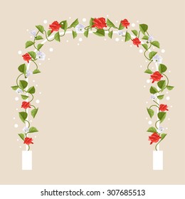 White arch with roses and leaves with place for text for design of cards, invitations