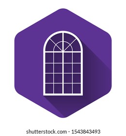 White Arched window icon isolated with long shadow. Purple hexagon button. Vector Illustration