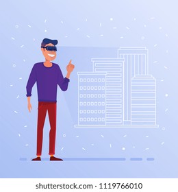 A white architect in AR glasses with virtual hud interface elements symbolizing progressive architecture. Concept of modern real estate trading operated by virtual reality tools. Vector illustration.