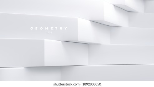 White architectural background. Abstract geometric backdrop. Vector 3d illustration. Minimalist interior decoration. Brutal geometry. Stepped shapes