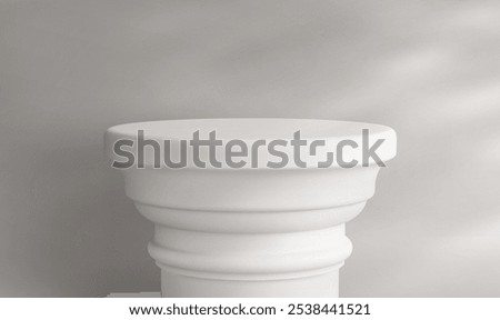 White architectural column top as elegant product podium. Realistic 3d classic style pedestal with stepped rings in studio room interior with shadow on wall. Display platform for showcasing goods.