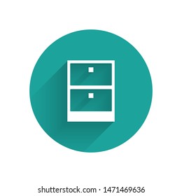 White Archive papers drawer icon isolated with long shadow. Drawer with documents. File cabinet drawer. Office furniture. Green circle button. Vector Illustration