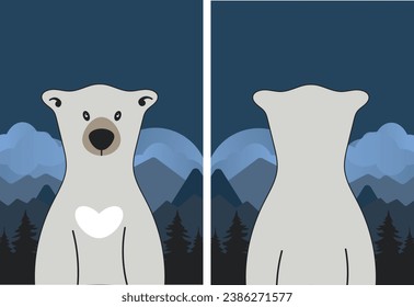 White Arctic bear cartoon illustration at winter night and snowy mountains