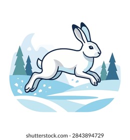 of a white arctic hare jumping through a snowy forest landscape.