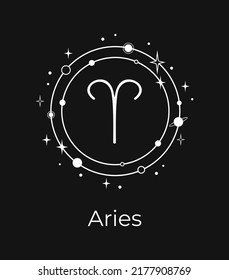 White Aries sign with planets and stars on a black background