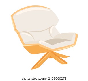 White armchair in flat design. Designer upholstery chair on wooden legs. Vector illustration isolated.