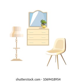 White armchair, floor lamp and dressing table. Modern furniture for interior. Flowering plant in a pot. Isolated icons. Vector illustration

