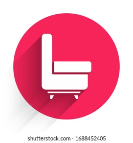 White Armchair icon isolated with long shadow. Red circle button. Vector Illustration