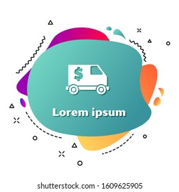 White Armored truck icon isolated on white background. Abstract banner with liquid shapes. Vector Illustration