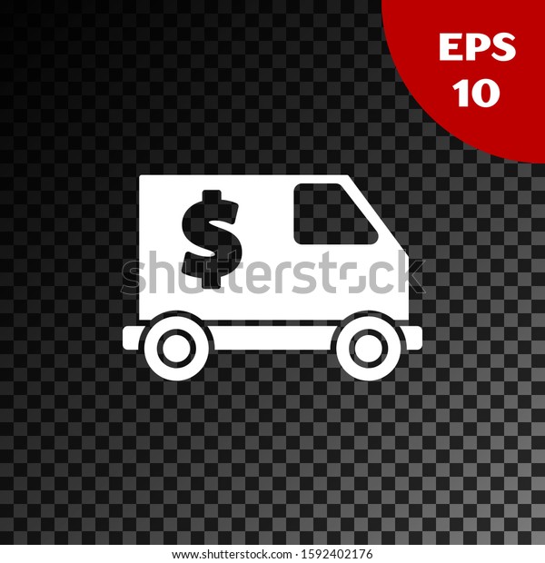 White Armored truck icon isolated on\
transparent dark background.  Vector\
Illustration