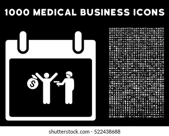 White Arrest Calendar Day vector icon with 1000 medical business pictograms. Set style is flat symbols, white color, black background.
