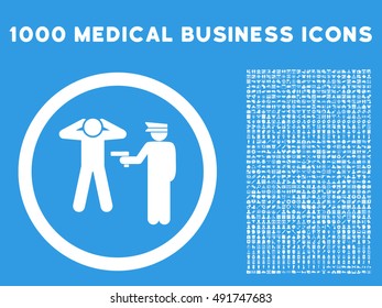 White Arrest vector rounded icon. Image style is a flat icon symbol inside a circle, blue background. Bonus clipart has 1000 healthcare business elements.