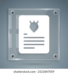 White The arrest warrant icon isolated on grey background. Warrant, police report, subpoena. Justice concept. Square glass panels. Vector