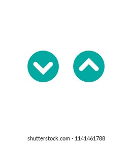 white arrow up in blue circle and arrow down in blue circle. flat icon isolated on white. point down button. south sign. Upload icon. Upgrade. download, share