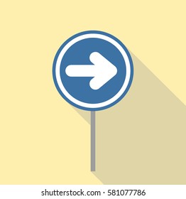 white arrow directing right way on blue circle traffic sign all in light brown or cream square flat design with shadow effect