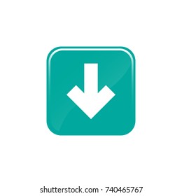 white arrow down button in turquoise glossy square. flat icon. download symbol. isolated on white. Vector flat sign.