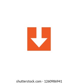 white arrow down in red square. flat icon. download sign. isolated on white. Vector flat button.