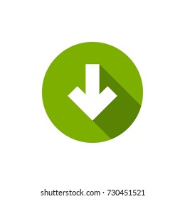 white arrow down with shadow in green circle. flat icon. download sign. isolated on white. Vector flat button.
