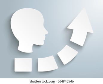 White arrow with four pieces and human head on the gray background. Eps 10 vector file.