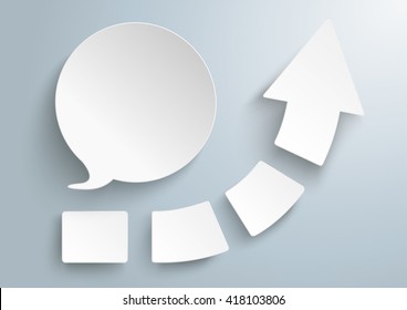 White arrow with four pieces and round speech bubble on the gray background. Eps 10 vector file.