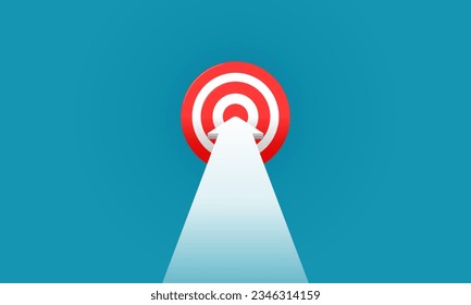 White arrow goes straight to the target on blue background. Business presentation. Business planning. Vector illustration.