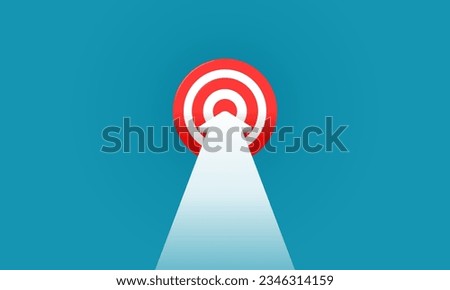 White arrow goes straight to the target on blue background. Business presentation. Business planning. Vector illustration.