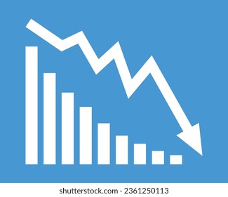 Flecha blanca bajando el icono de stock en fondo azul. Disminución, bancarrota, icono de caída del mercado financiero para el diseño de tu sitio web, logotipo, aplicación, interfaz de usuario. gráfico gráfico gráfico gráfico abajo tendencia símbolo.gráfico abajo signo.