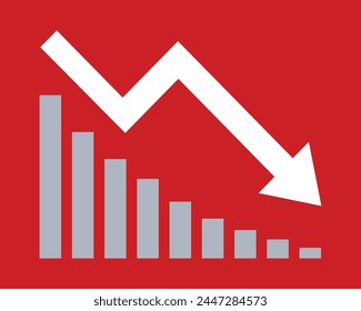 White arrow going down stock icon on red background. Decrease, Bankruptcy, financial market crash icon for your web site design, logo, app, UI. graph chart downtrend symbol.chart going down sign.