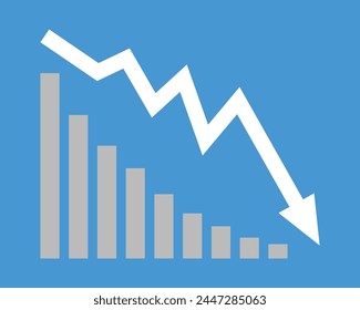 Flecha blanca bajando icono de stock sobre fondo azul. Decremento, bancarrota, colapso del mercado financiero para el diseño de su Sitio web, logotipo, App, UI. gráfico abajo symbol.chart bajando signo.