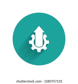 White Arrow growth gear business icon isolated with long shadow. Productivity icon. Green circle button. Vector Illustration
