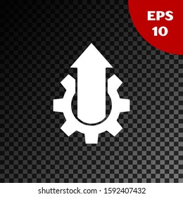 White Arrow growth gear business icon isolated on transparent dark background. Productivity icon.  Vector Illustration