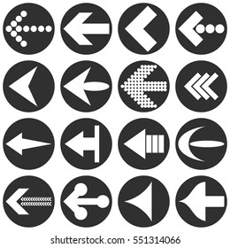 White arrow heads icon set isolated on gray and white background. The flat design 16 arrows point the left direction - Eps10 vector graphics and illustration
