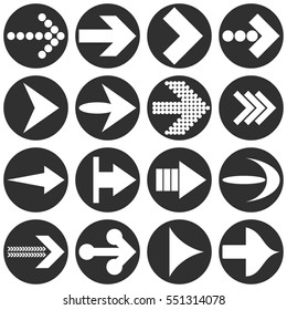 White arrow heads icon set isolated on gray and white background. The flat design 16 arrows point the right direction - Eps10 vector graphics and illustration