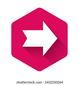 White Arrow icon isolated with long shadow. Direction Arrowhead symbol. Navigation pointer sign. Pink hexagon button. Vector Illustration