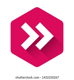 White Arrow icon isolated with long shadow. Direction Arrowhead symbol. Navigation pointer sign. Pink hexagon button. Vector Illustration