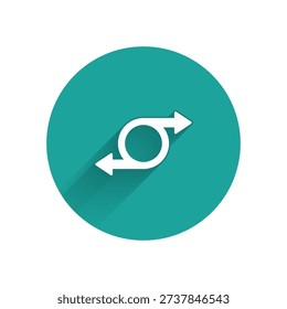 White Arrow icon isolated with long shadow background. Direction Arrowhead symbol. Navigation pointer sign. Green circle button. Vector